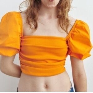 Zara Orange Puff Sleeve Crop Blouse